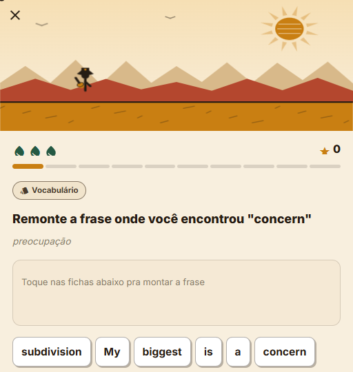 Print real de uma partida d'A Travessia: paisagem do sertão com o cantador no alto, barra de progresso, a etiqueta "Vocabulário" indicando a fonte do item e o desafio "Remonte a frase onde você encontrou concern" com as fichas embaralhadas embaixo