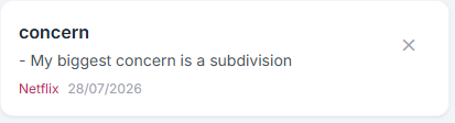 Print real do vocabulário: a palavra "concern" salva junto da frase "My biggest concern is a subdivision", marcada como vinda da Netflix